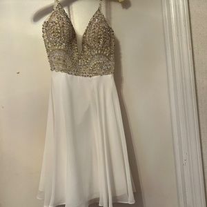 Jovani White Short Semi-Formal Dress with Detailed Beaded Bodice
